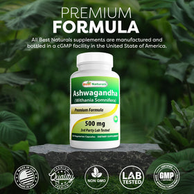Capsules de Best Naturals Extrait d'Ashwagandha sur fond blanc