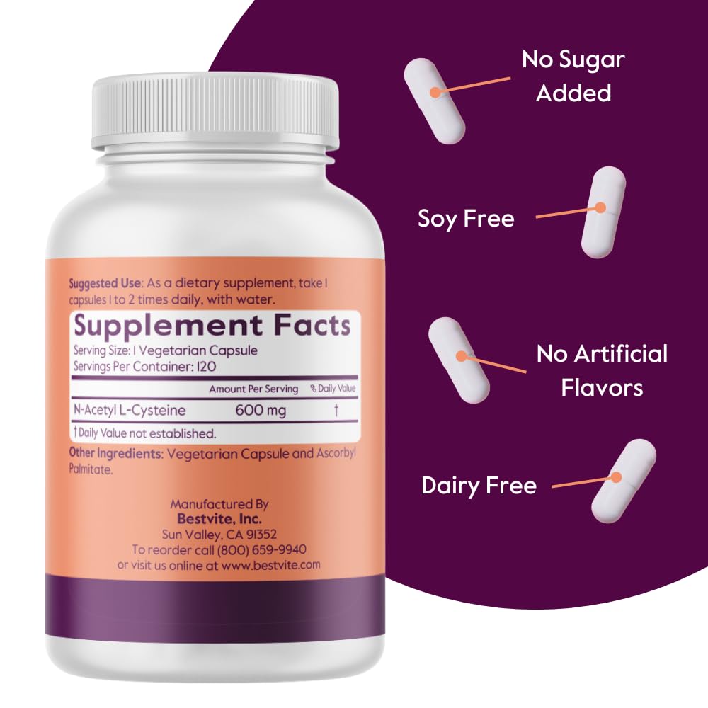 Capsules de BESTVITE N-Acetyl L-Cysteine 600mg sur fond blanc