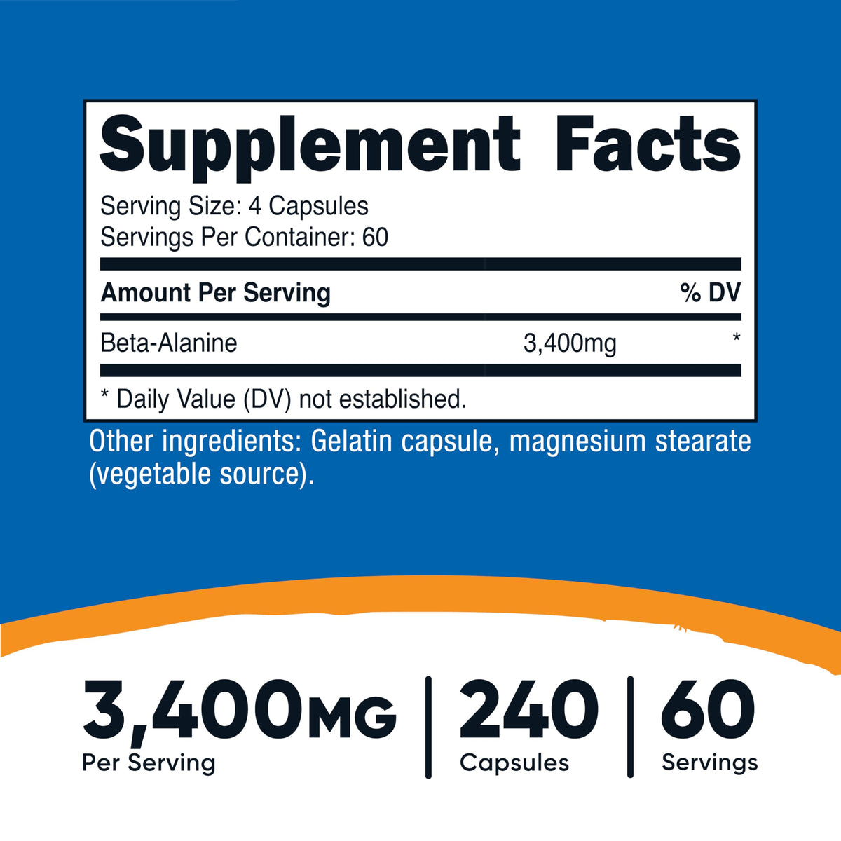 Capsules de Beta-Alanine Nutricost 3400mg sur fond blanc