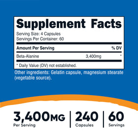 Capsules de Beta-Alanine Nutricost 3400mg sur fond blanc