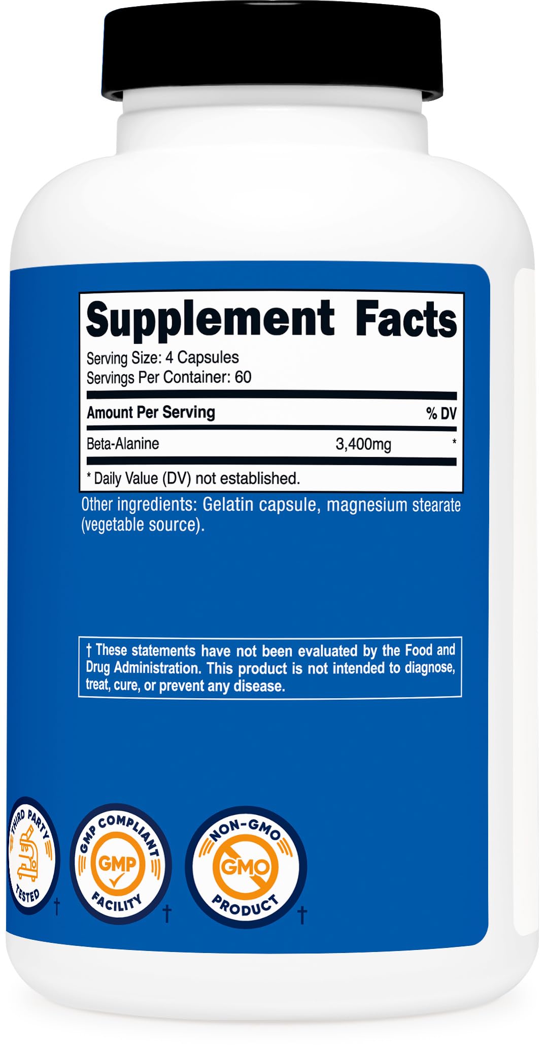 Capsules de Beta-Alanine Nutricost à côté d'un verre d'eau