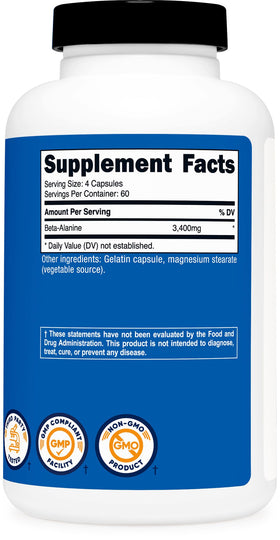 Capsules de Beta-Alanine Nutricost à côté d'un verre d'eau