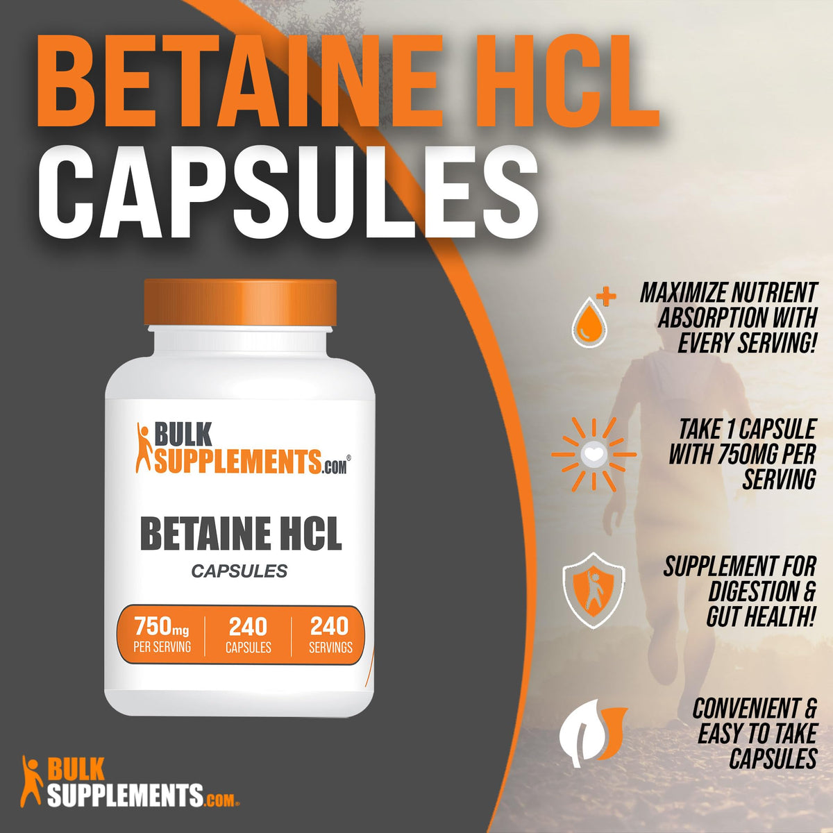 Capsules de Betaïne HCl 750mg BulkSupplements sur une table
