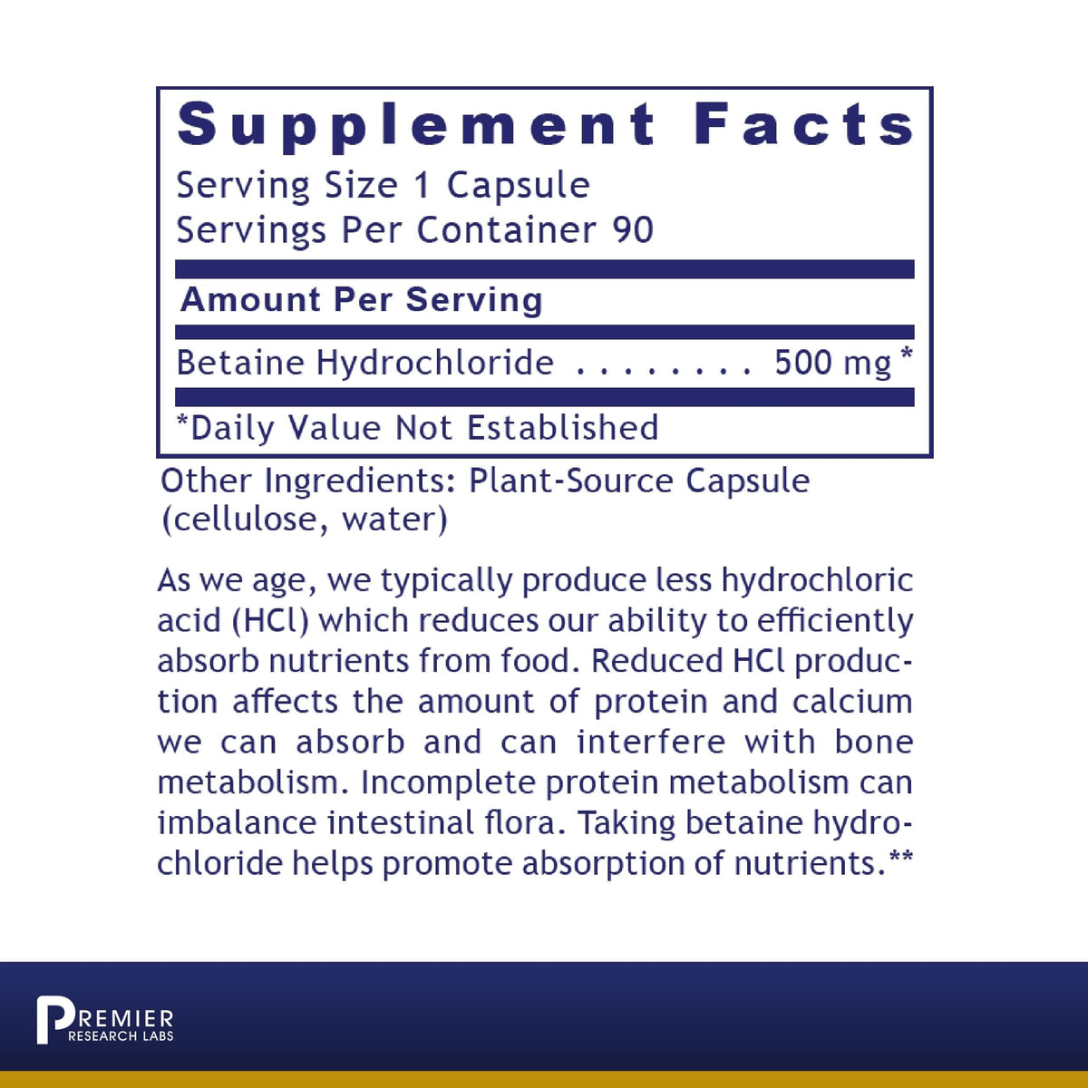 Capsules de Betaïne HCL de Premier Research Labs sur fond blanc
