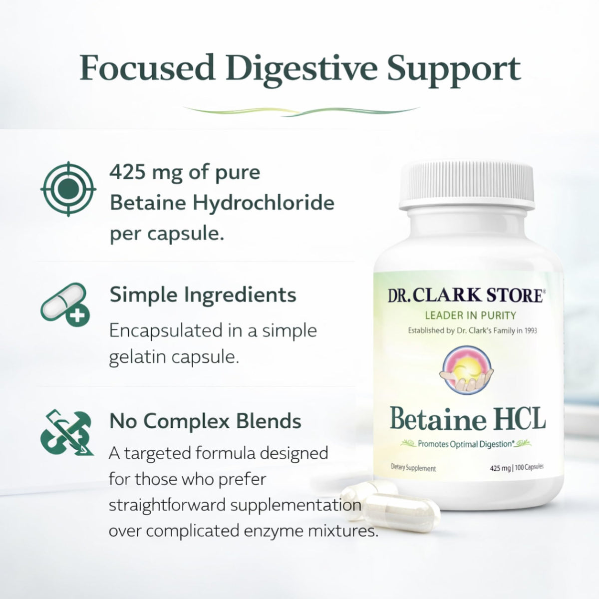 Capsules de Betaïne HCL Dr Clark Store sur fond blanc