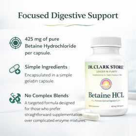 Capsules de Betaïne HCL Dr Clark Store sur fond blanc