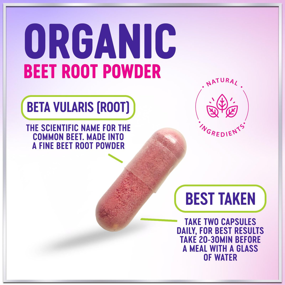 Capsules de betterave bio Hello Lovely! à côté d'un verre d'eau