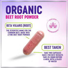 Capsules de betterave bio Hello Lovely! à côté d'un verre d'eau