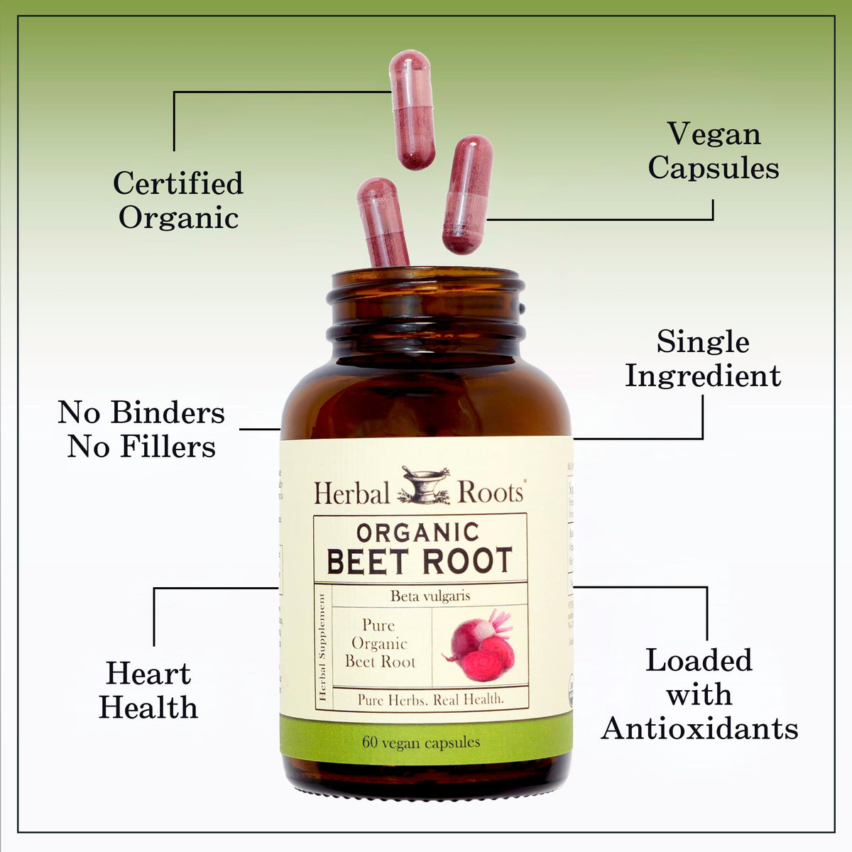 Capsules de betterave bio Herbal Roots sur un fond blanc