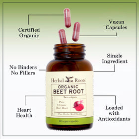 Capsules de betterave bio Herbal Roots sur un fond blanc