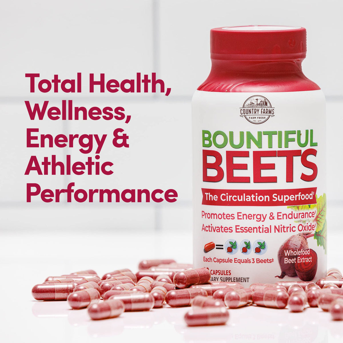 Capsules de betterave Bountiful Beets de Country Farms sur fond blanc