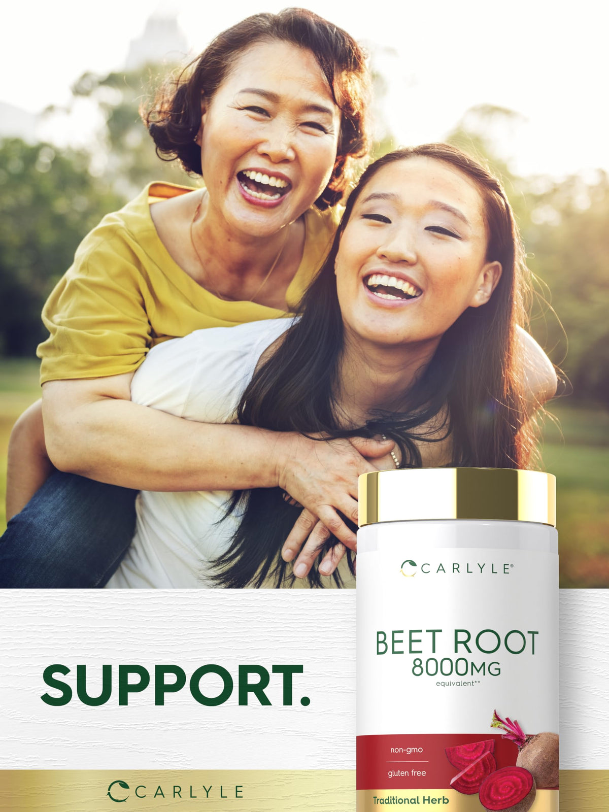 Capsules de betterave Carlyle avec une main tenant le flacon