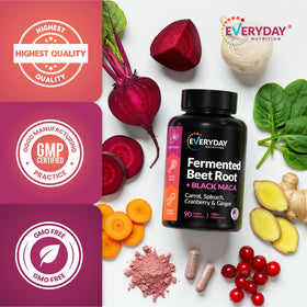 Capsules de Betterave Fermentée et Maca Noir sur un fond neutre