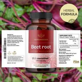 Capsules de Betterave HERBAMAMA à côté d'un jus frais