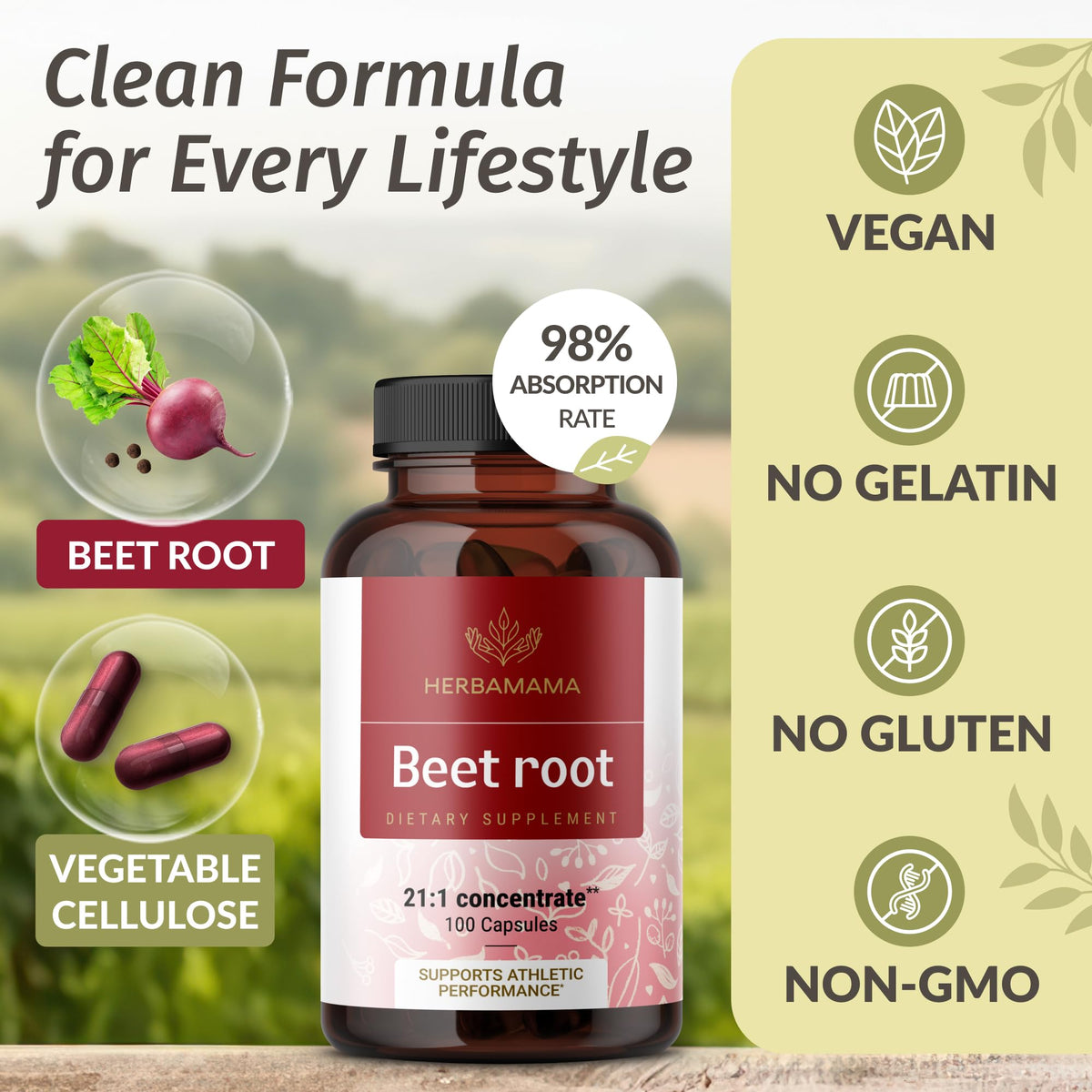 Capsules de Betterave HERBAMAMA avec un verre d'eau