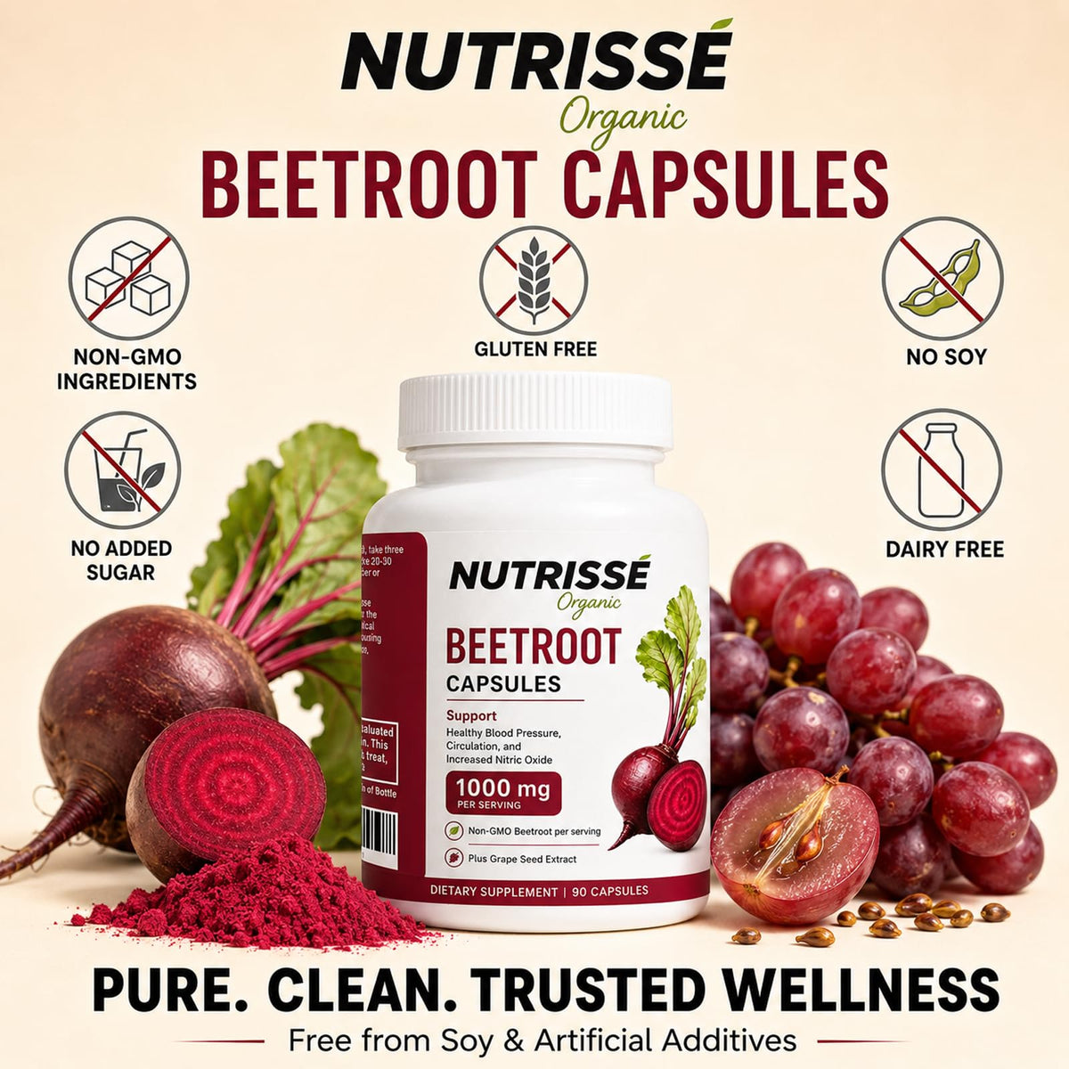 Capsules de betterave Nutrisse Organic avec des ingrédients naturels en arrière-plan