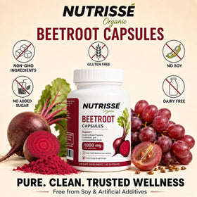 Capsules de betterave Nutrisse Organic avec des ingrédients naturels en arrière-plan