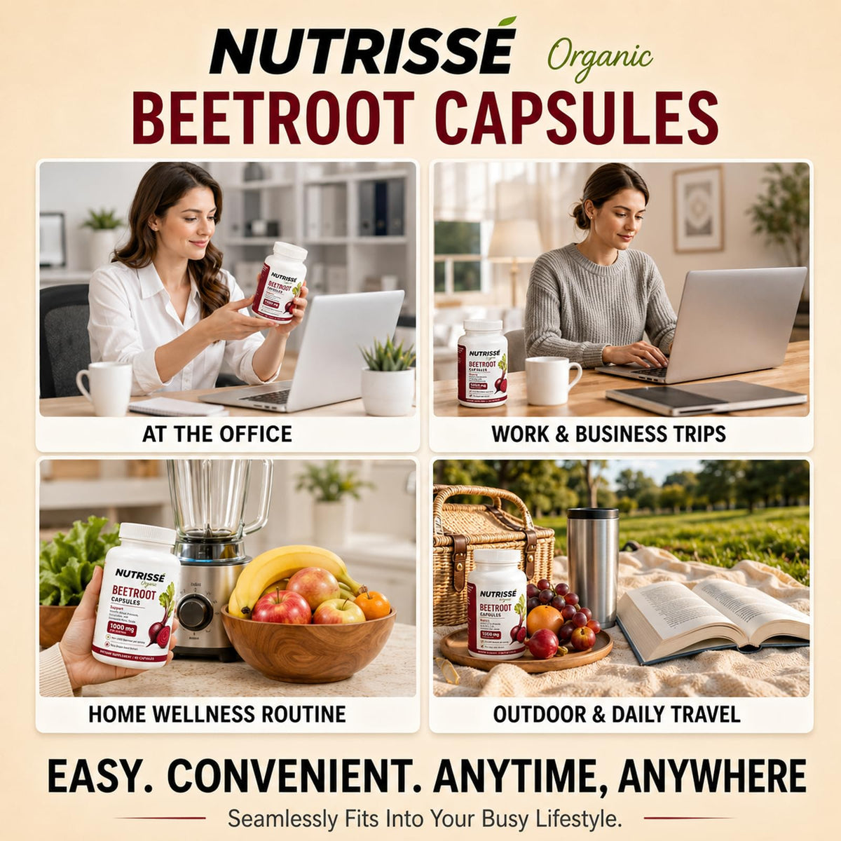 Capsules de betterave Nutrisse Organic ouvertes sur une surface blanche