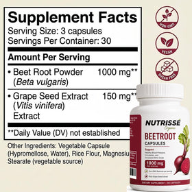Capsules de betterave Nutrisse Organic présentées avec des fruits et légumes