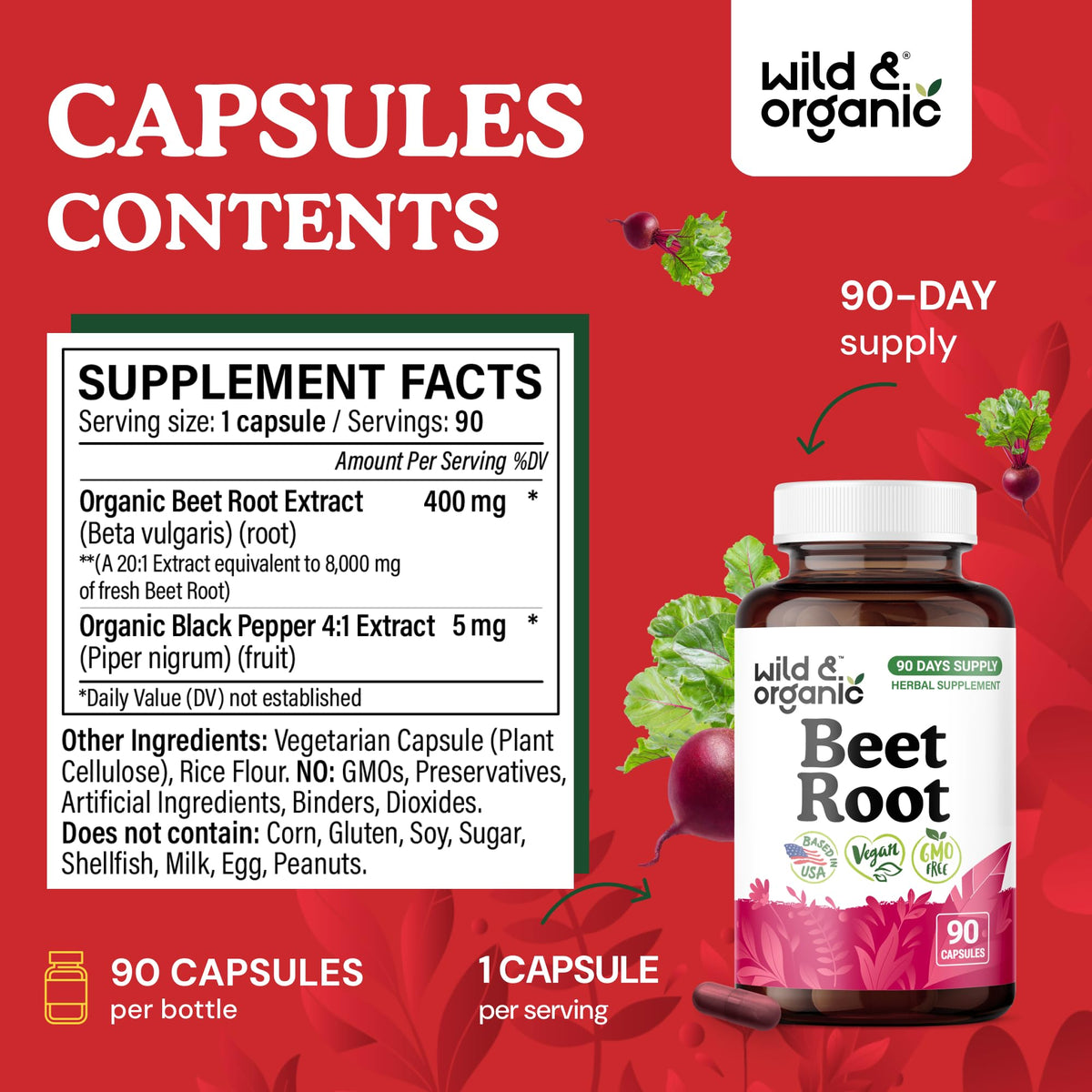Capsules de betterave Wild & Organic sur un fond blanc