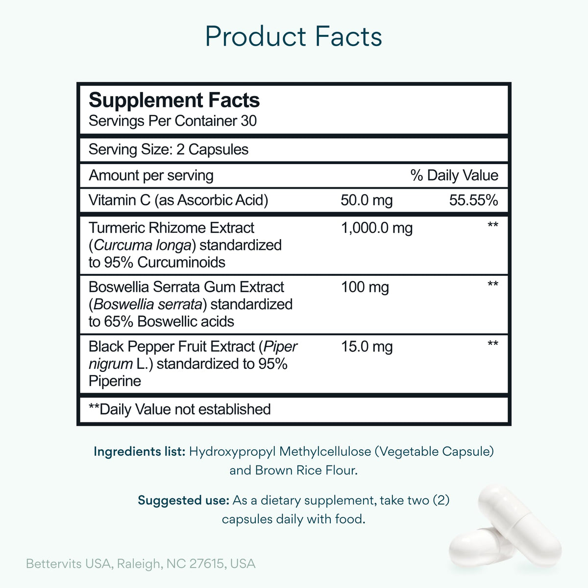 Capsules de Bettervits Curcuma 1000mg vue de côté montrant la taille