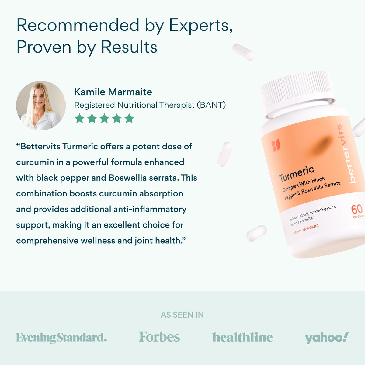 Capsules de Bettervits Curcuma avec ingrédients naturels en arrière-plan
