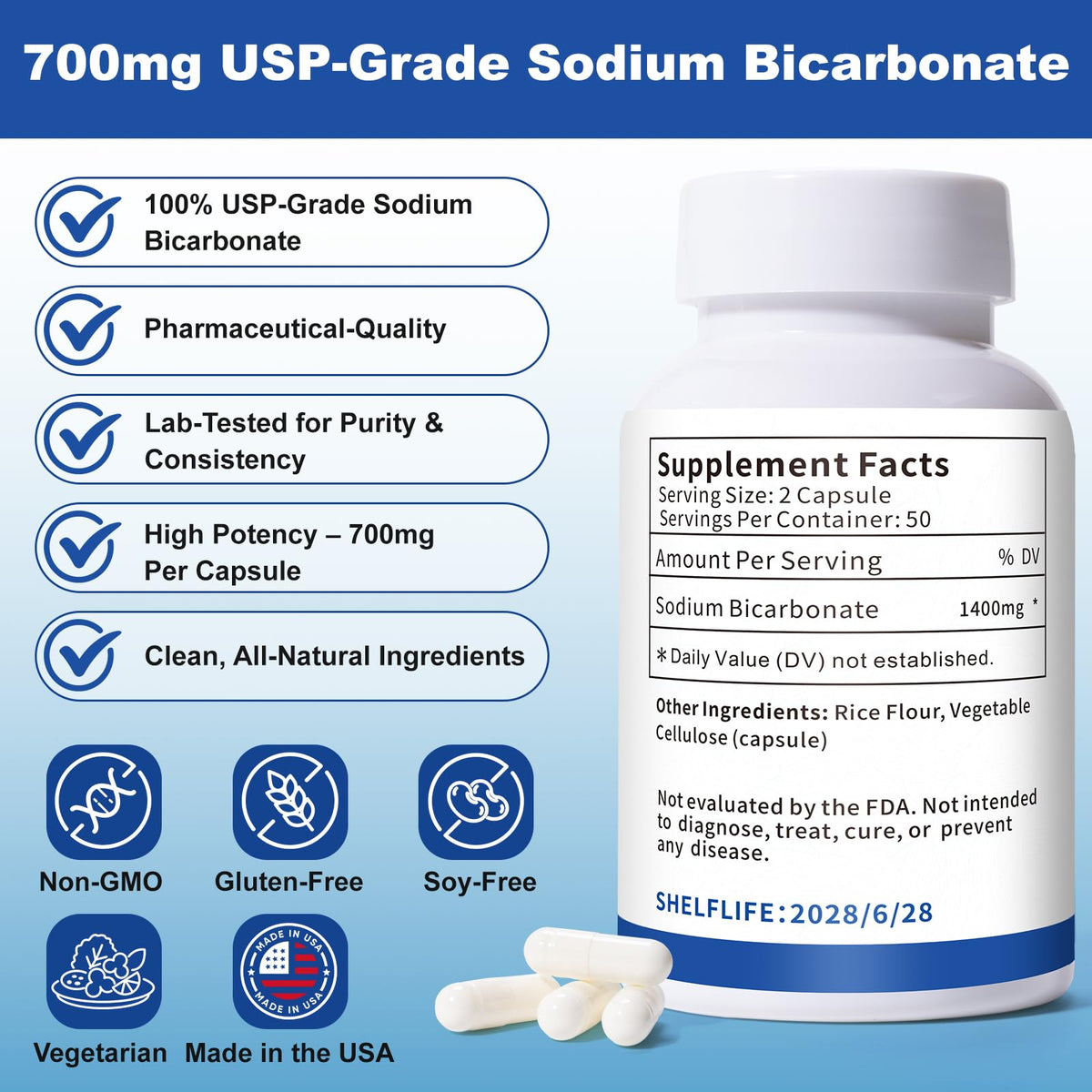 Capsules de bicarbonate de sodium QUBIT dans un flacon