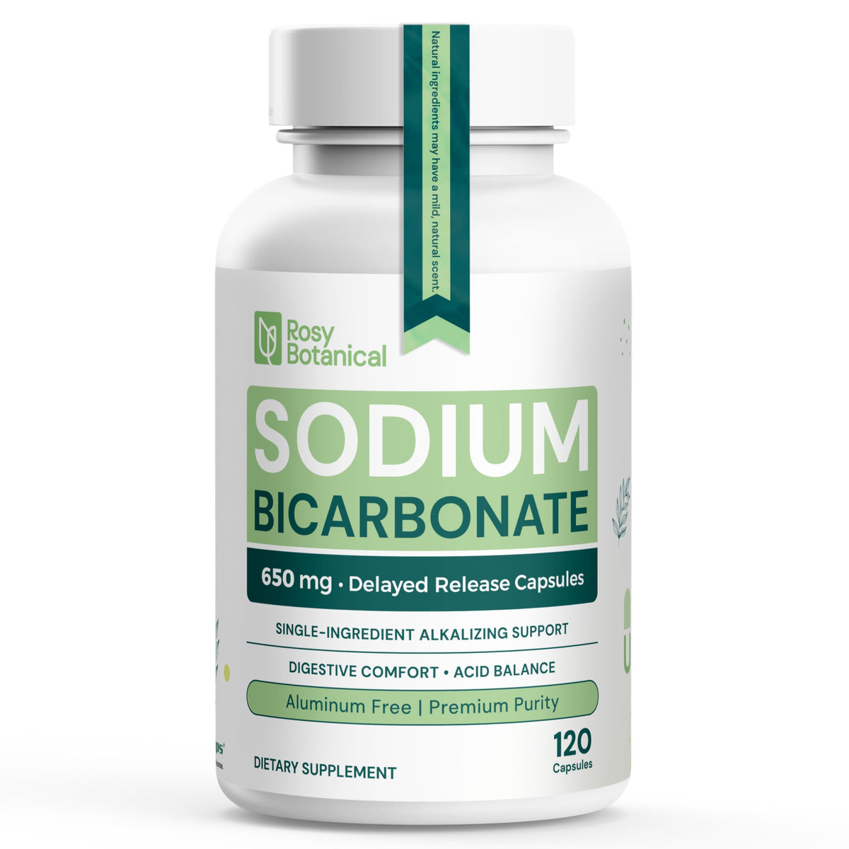 Capsules de bicarbonate de sodium ROSY BOTANICAL 650 mg, vue de face