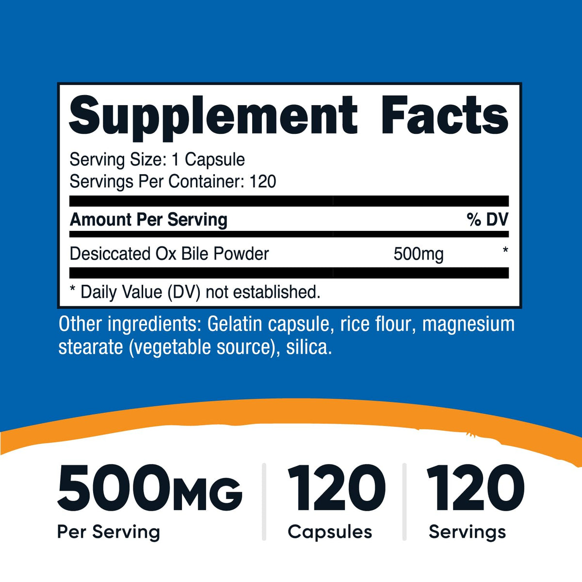 Capsules de bile de bœuf Nutricost 500mg sur fond blanc