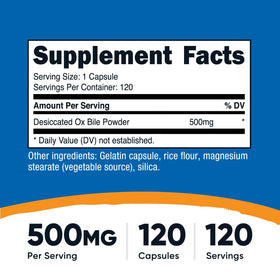 Capsules de bile de bœuf Nutricost 500mg sur fond blanc