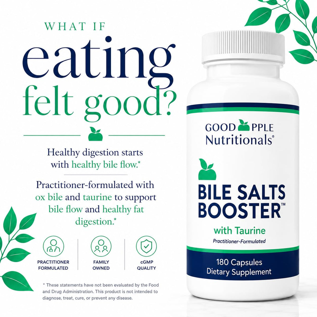 Capsules de Bile Salts support GOODAPPLE NUTRITIONALS sur une surface blanche