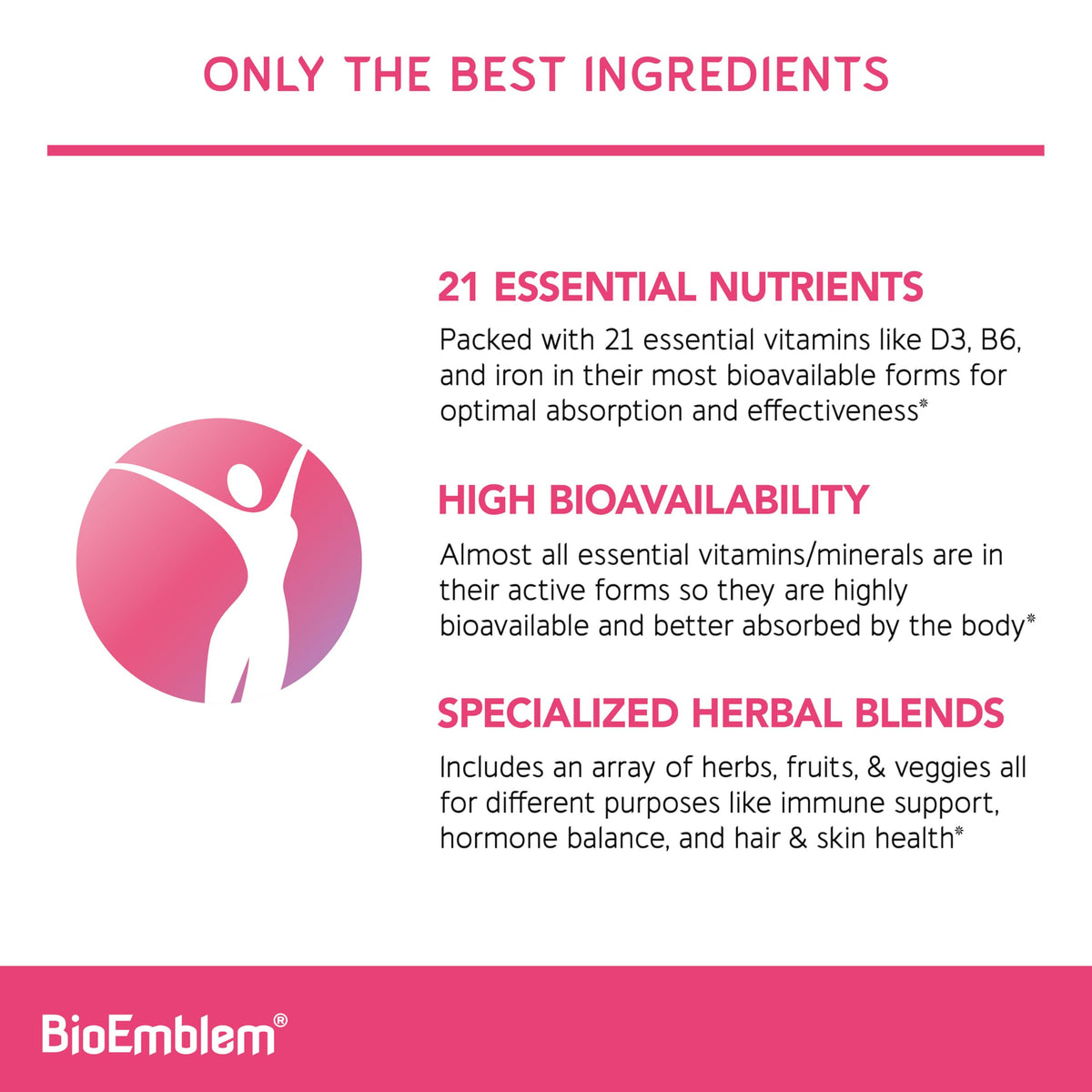 Capsules de BioEmblem Multivitamine Femme sur une surface blanche