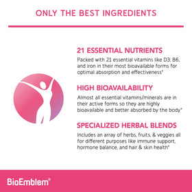 Capsules de BioEmblem Multivitamine Femme sur une surface blanche