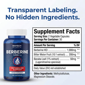 Capsules de Biotech Labs Berberine HCL 1000 mg sur une surface