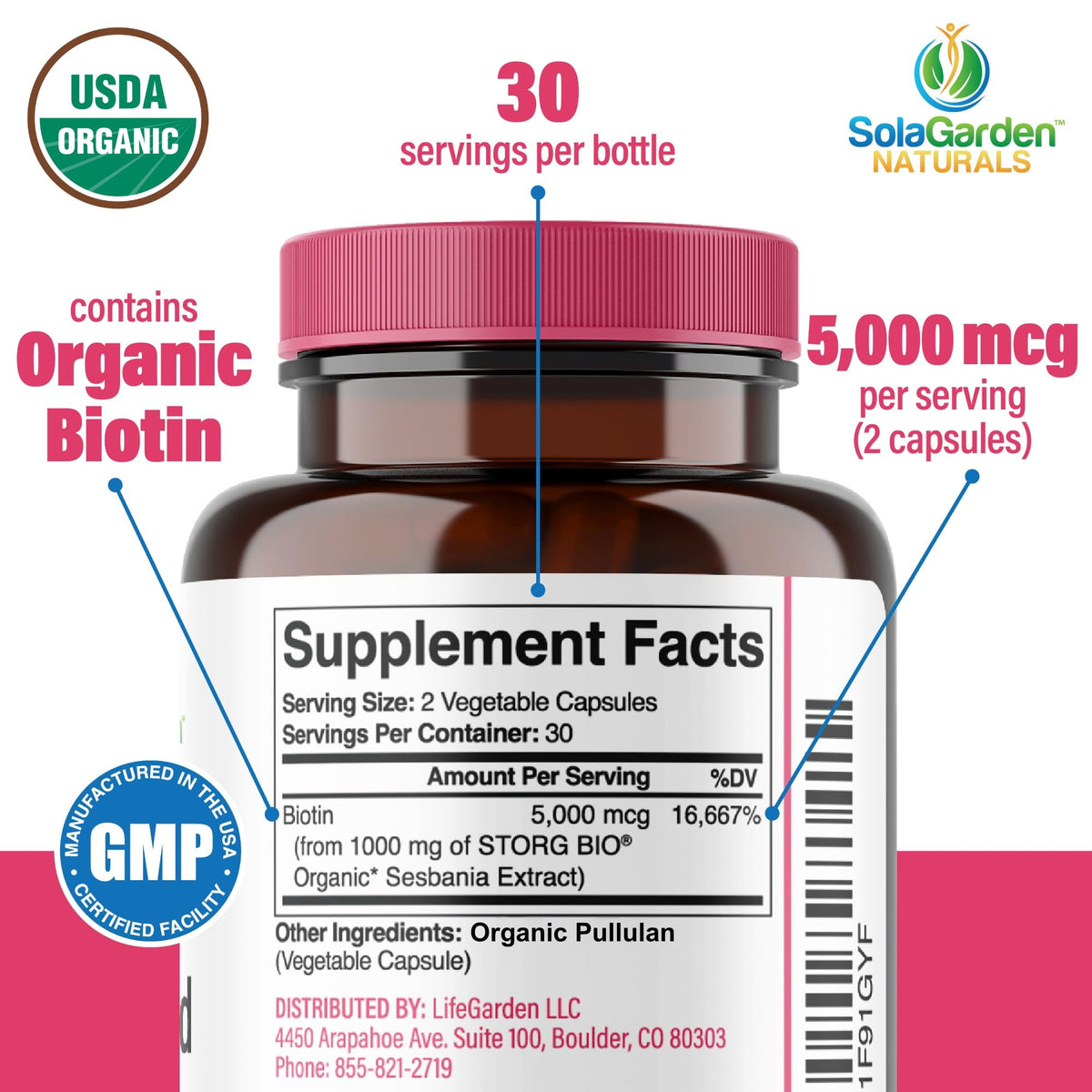 Capsules de biotine 5000 MCG LifeGarden Naturals sur une surface en bois
