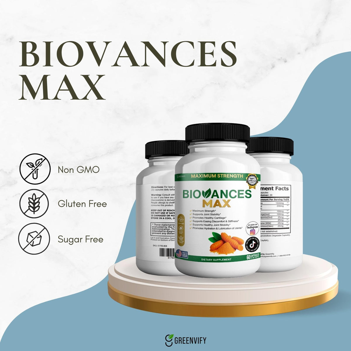 Capsules de Biovances Max de GRENVIFY sur une surface blanche