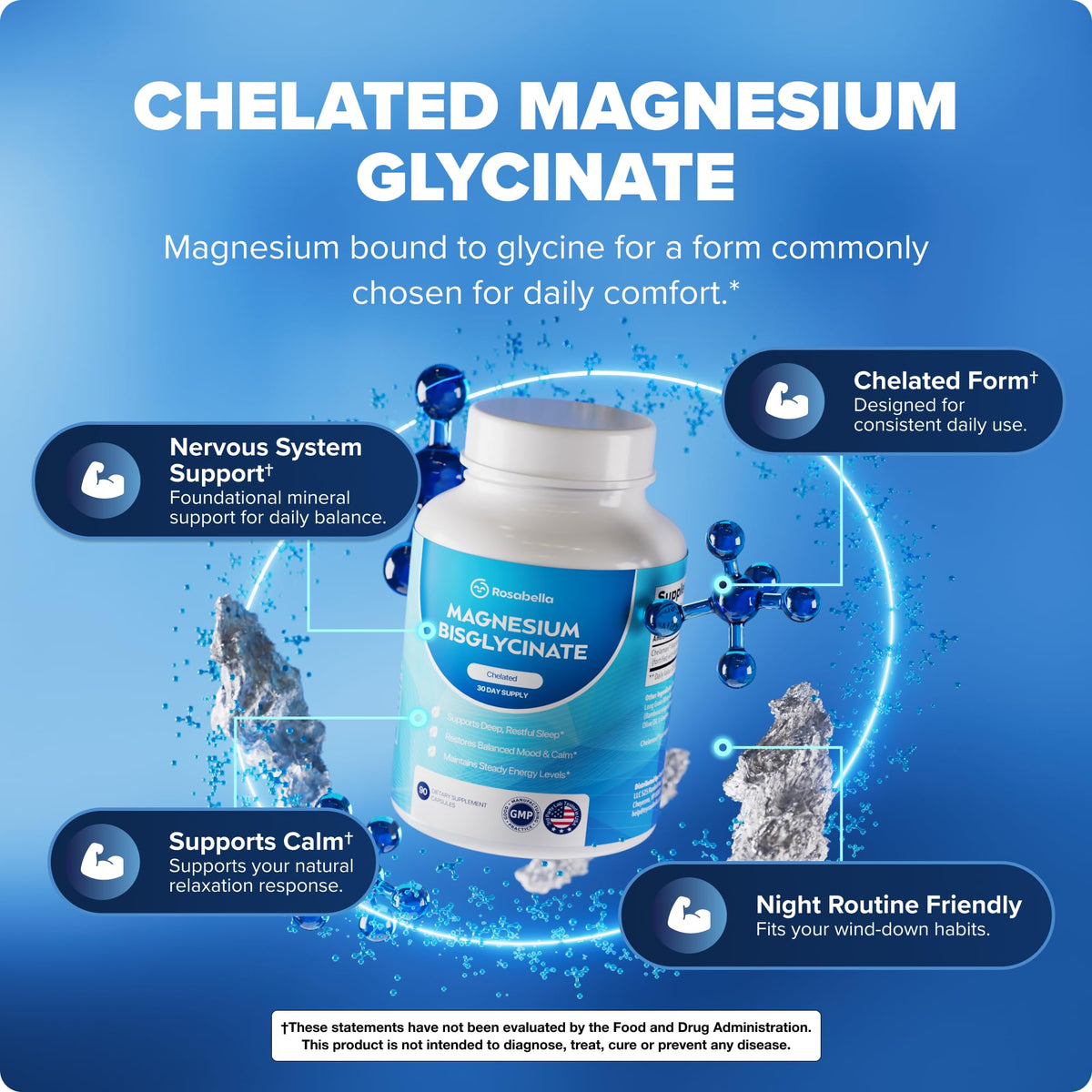 Capsules de bisglycinate de magnésium Rosabella sur fond blanc