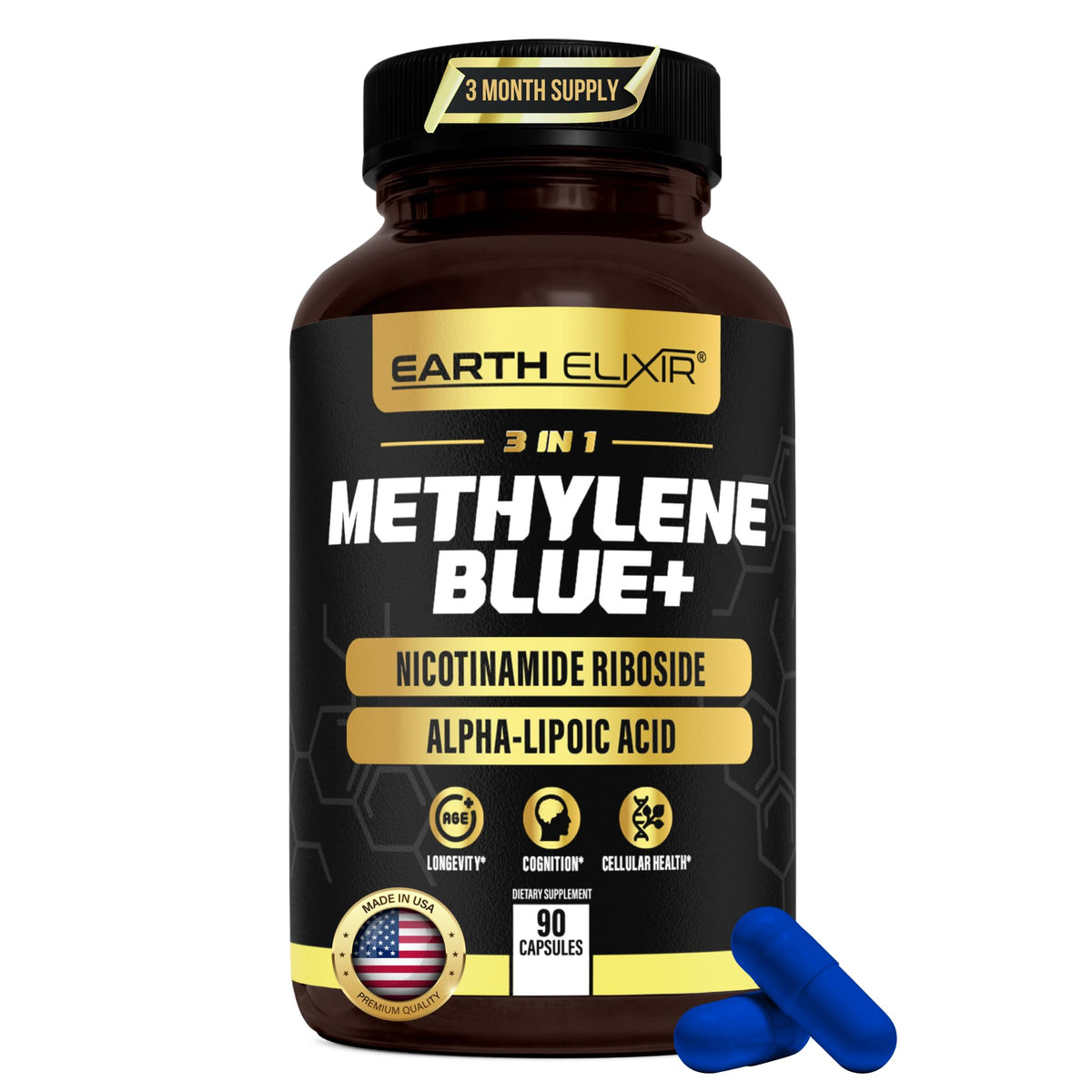 Capsules de bleu de méthylène Earth Elixir 3-en-1 avec emballage