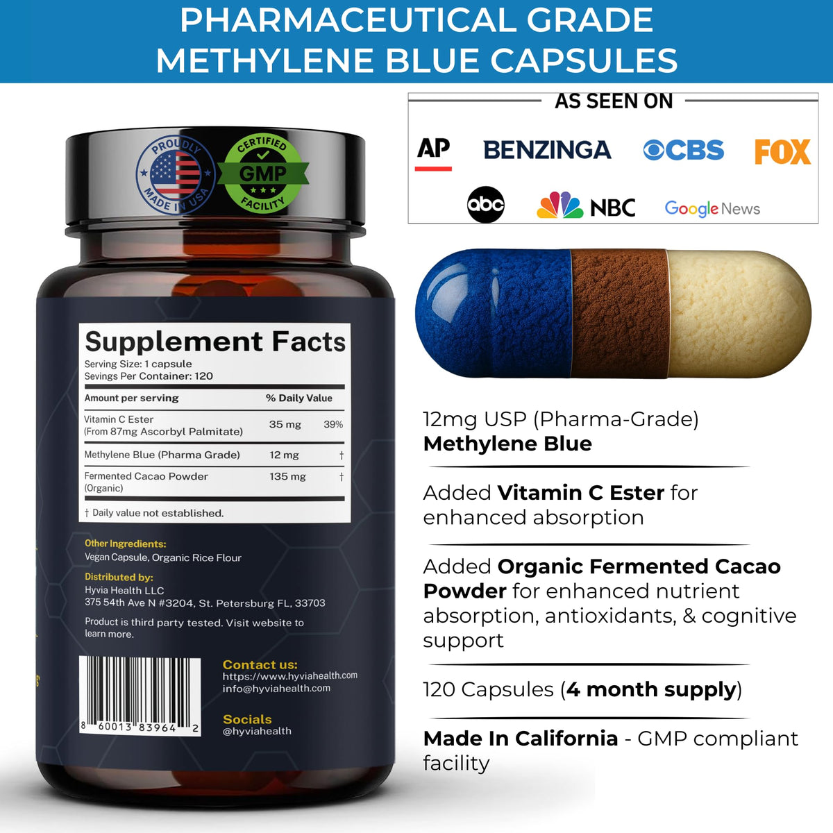 Capsules de bleu de méthylène Hyvia Health sur fond blanc