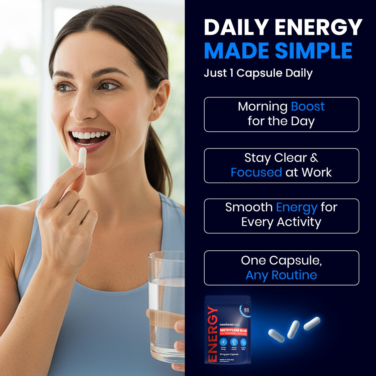 Capsules de bleu de méthylène Nootose Labs avec un verre d'eau