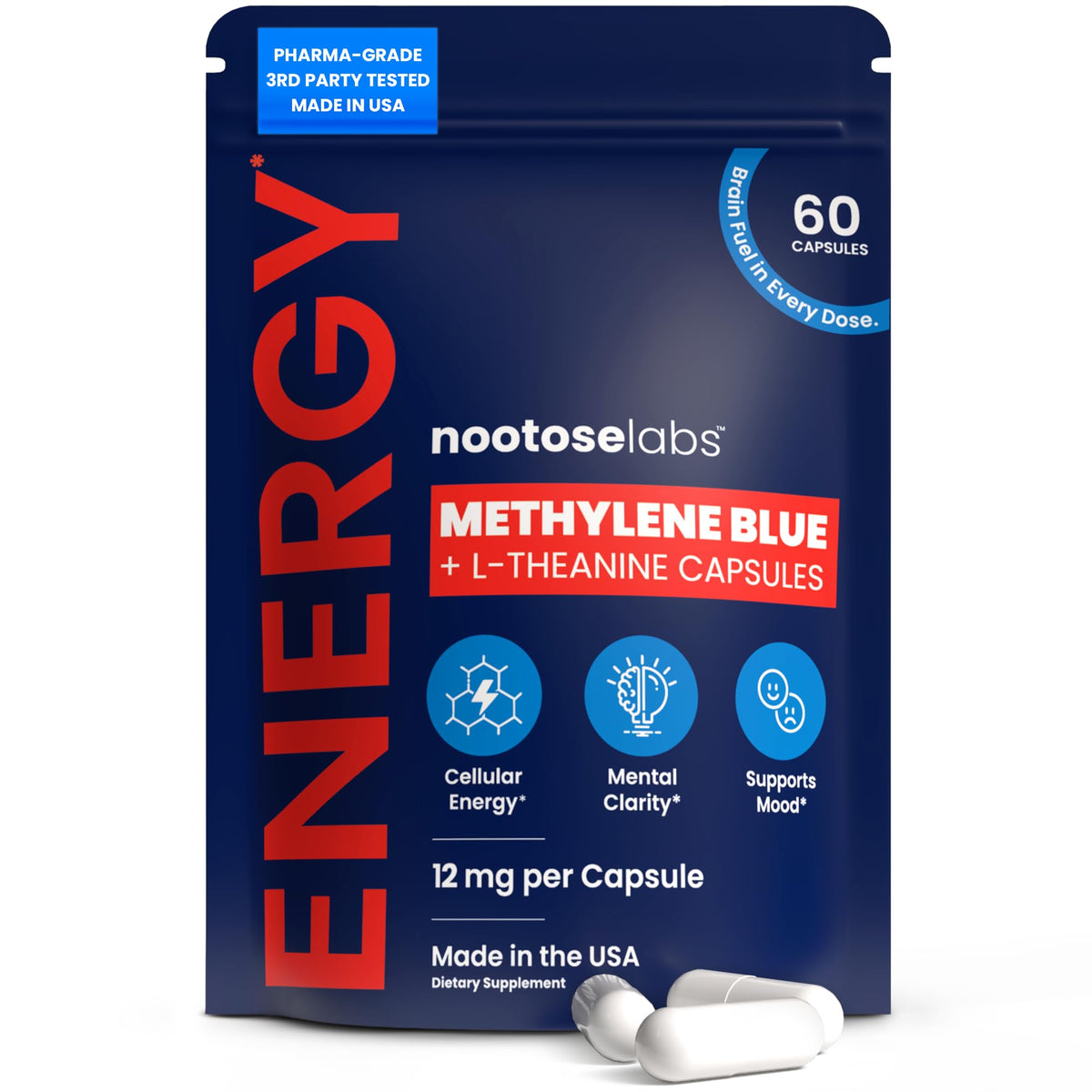 Capsules de bleu de méthylène Nootose Labs en boîte