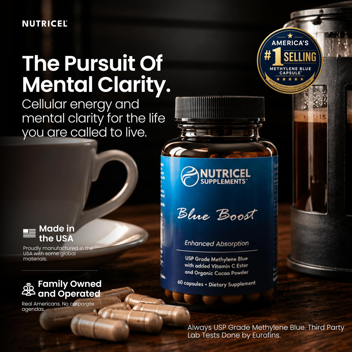 Capsules de bleu de méthylène Nutricel Supplements sur fond blanc