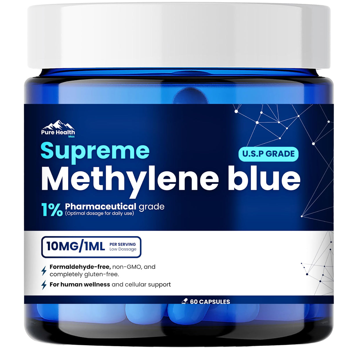 Capsules de bleu de méthylène PURE HEALTH MAX en boîte