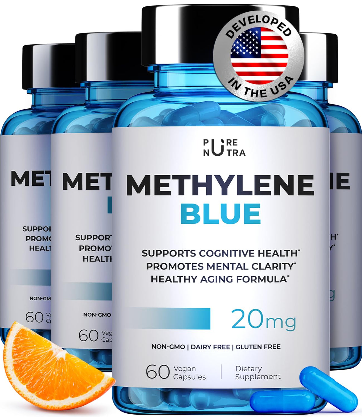 Capsules de bleu de méthylène PureNutra en bouteille vue de face