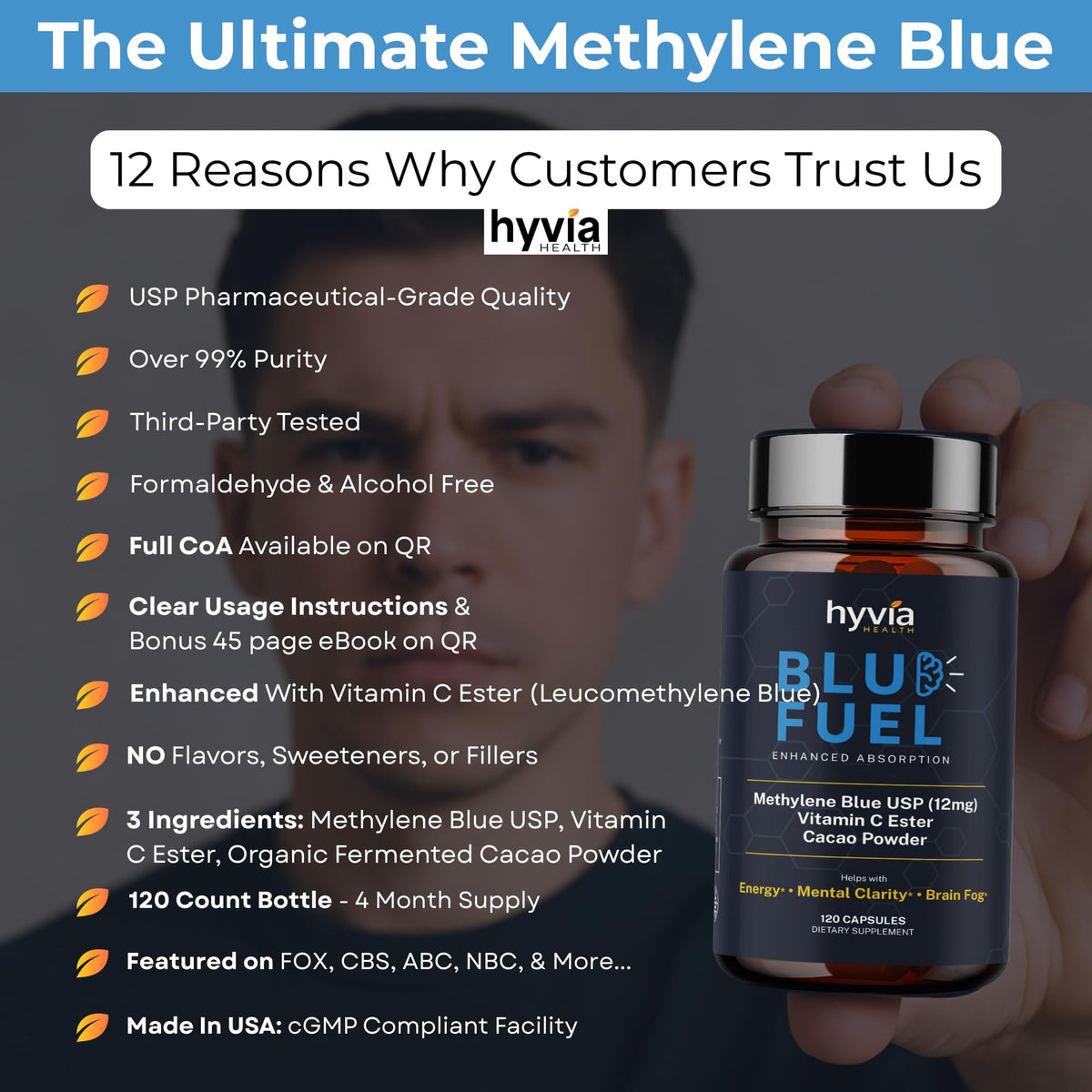 Capsules de bleu de méthylène sur une table