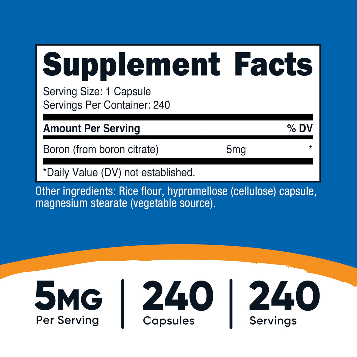Capsules de bore Nutricost 5mg à l'intérieur du flacon
