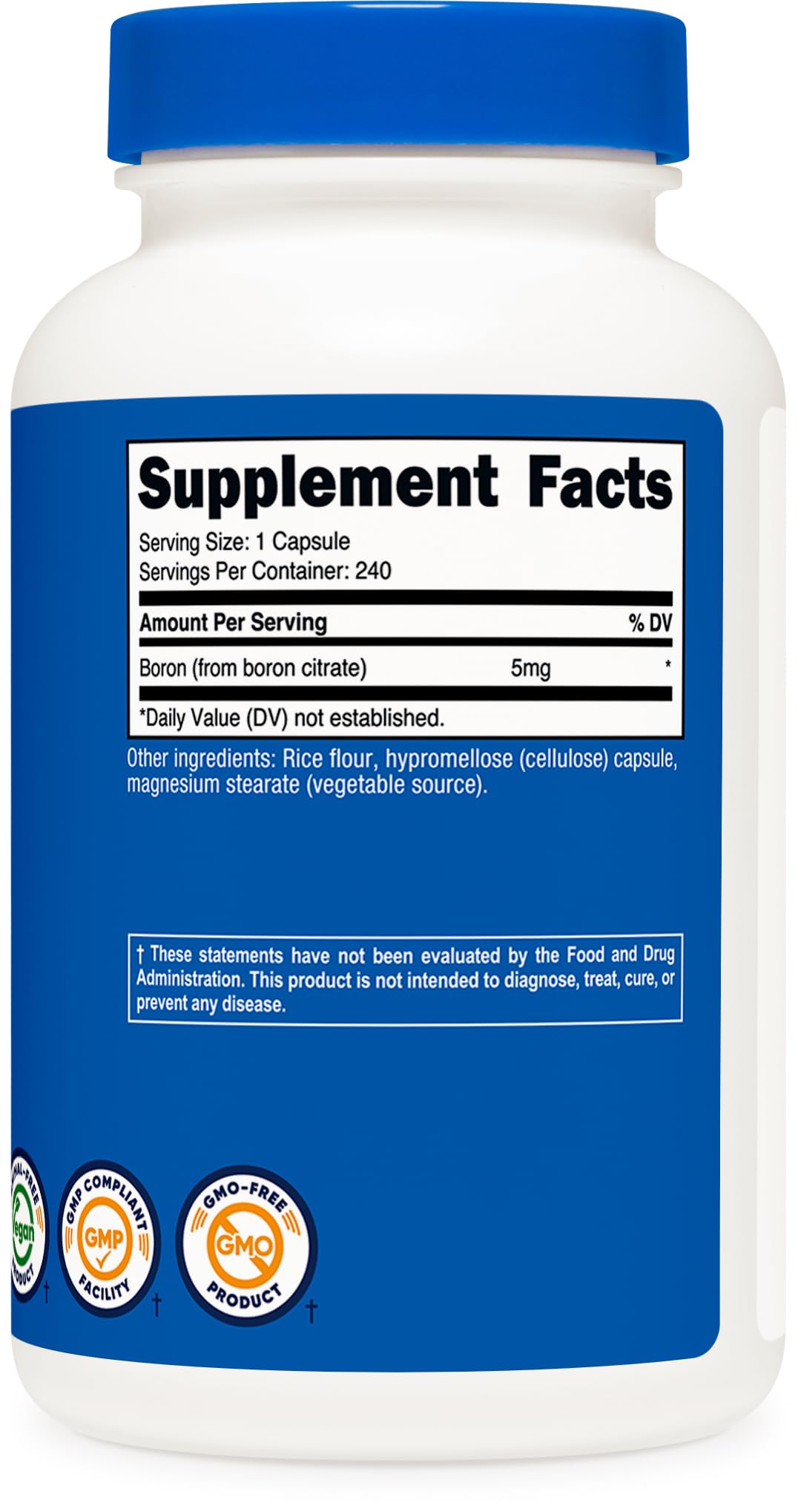Capsules de bore Nutricost 5mg sur un fond neutre
