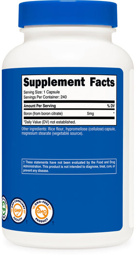 Capsules de bore Nutricost 5mg sur un fond neutre