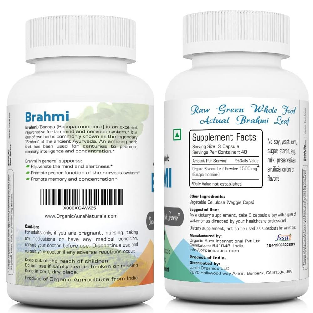 Capsules de Brahmi Bio Organic Aura sur une table