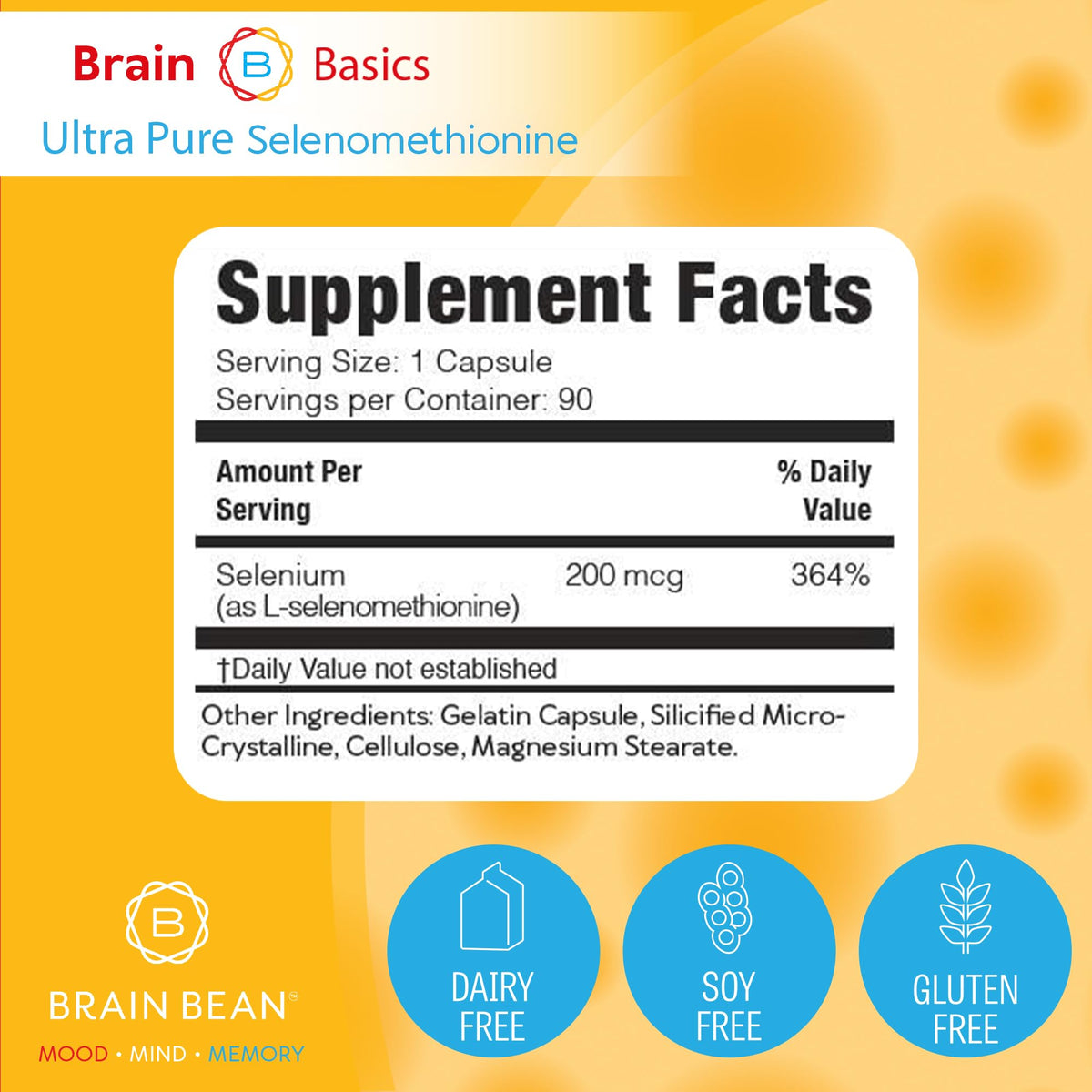 Capsules de Brain Bean Ultra-Pure Selenomethionine sur une surface blanche